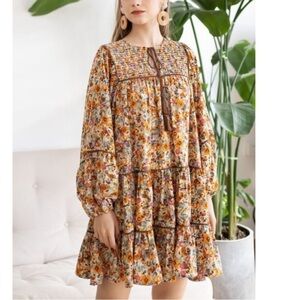 Kourt Kady Floral Babydoll Smocked Tiered Skirt Boho Dress Size XS